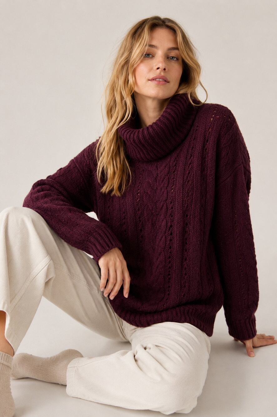 Smartwool Moon Ridge Boyfriend Cable Knit Turtleneck Sweater Burgundy